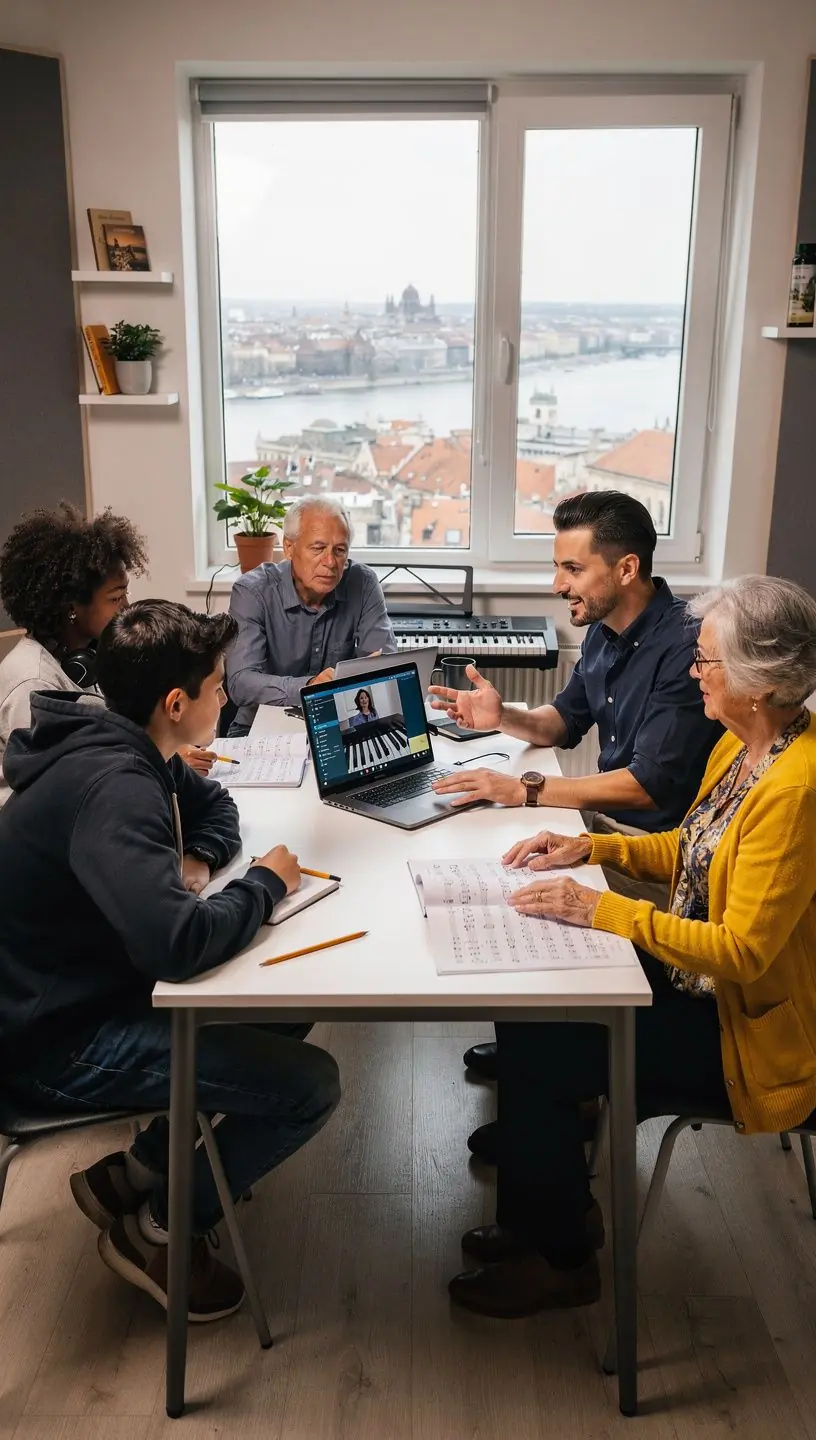 Zongoratanár, aki diákokkal együtt gyakorolja a jazz improvizációt.