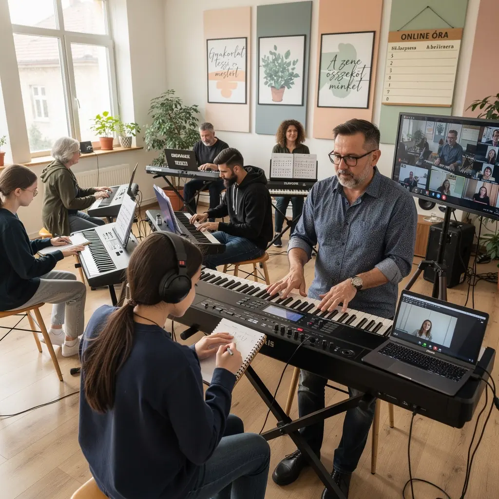 Zongoratanár, aki jazz stílusban játszik, miközben diákok figyelnek.