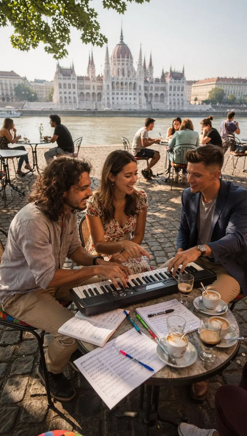 Zongoratanár, aki jazz stílusban játszik, miközben diákok figyelnek.