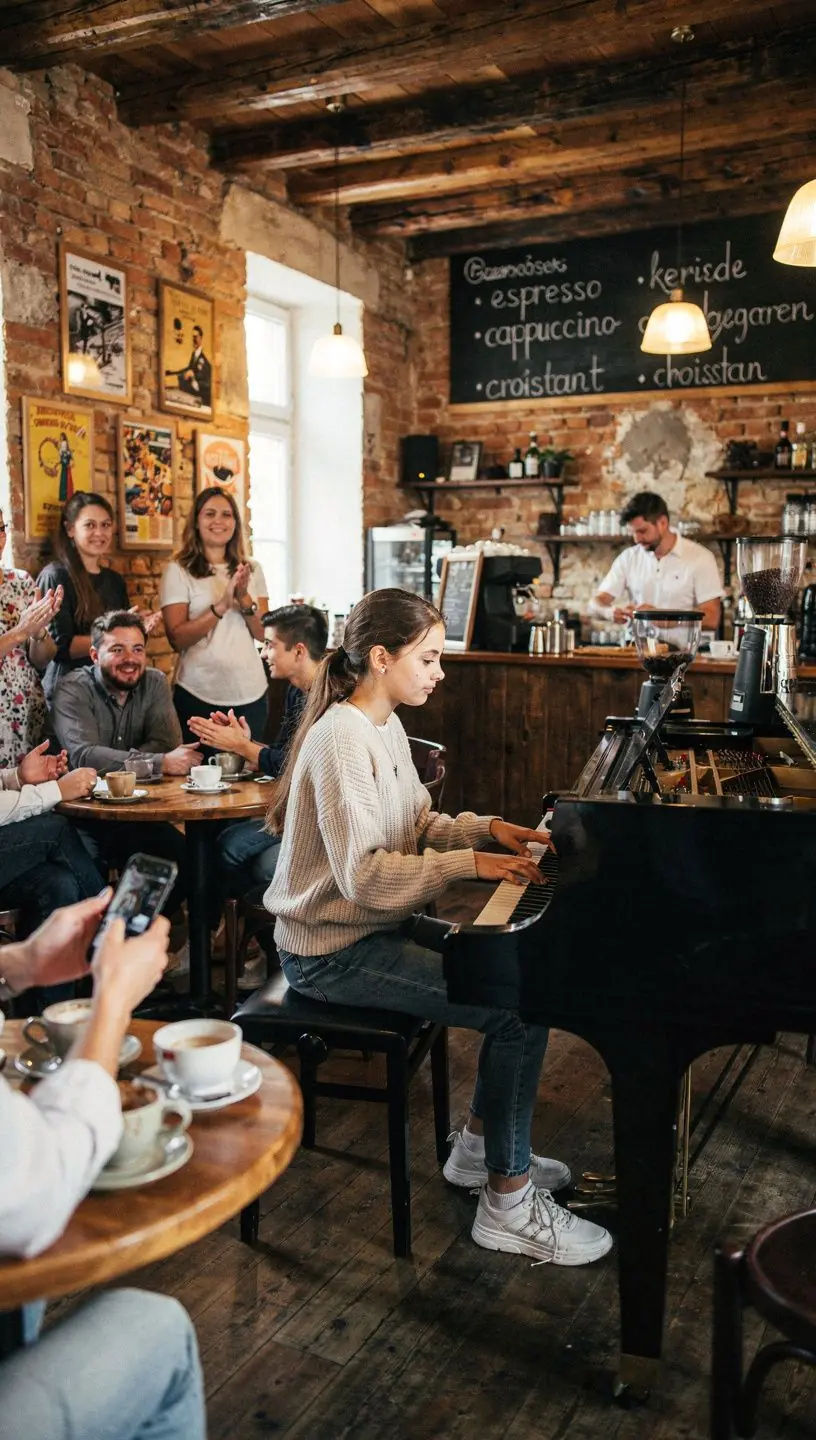 Zongoratanár, aki jazz stílusban játszik, miközben diákok figyelnek.