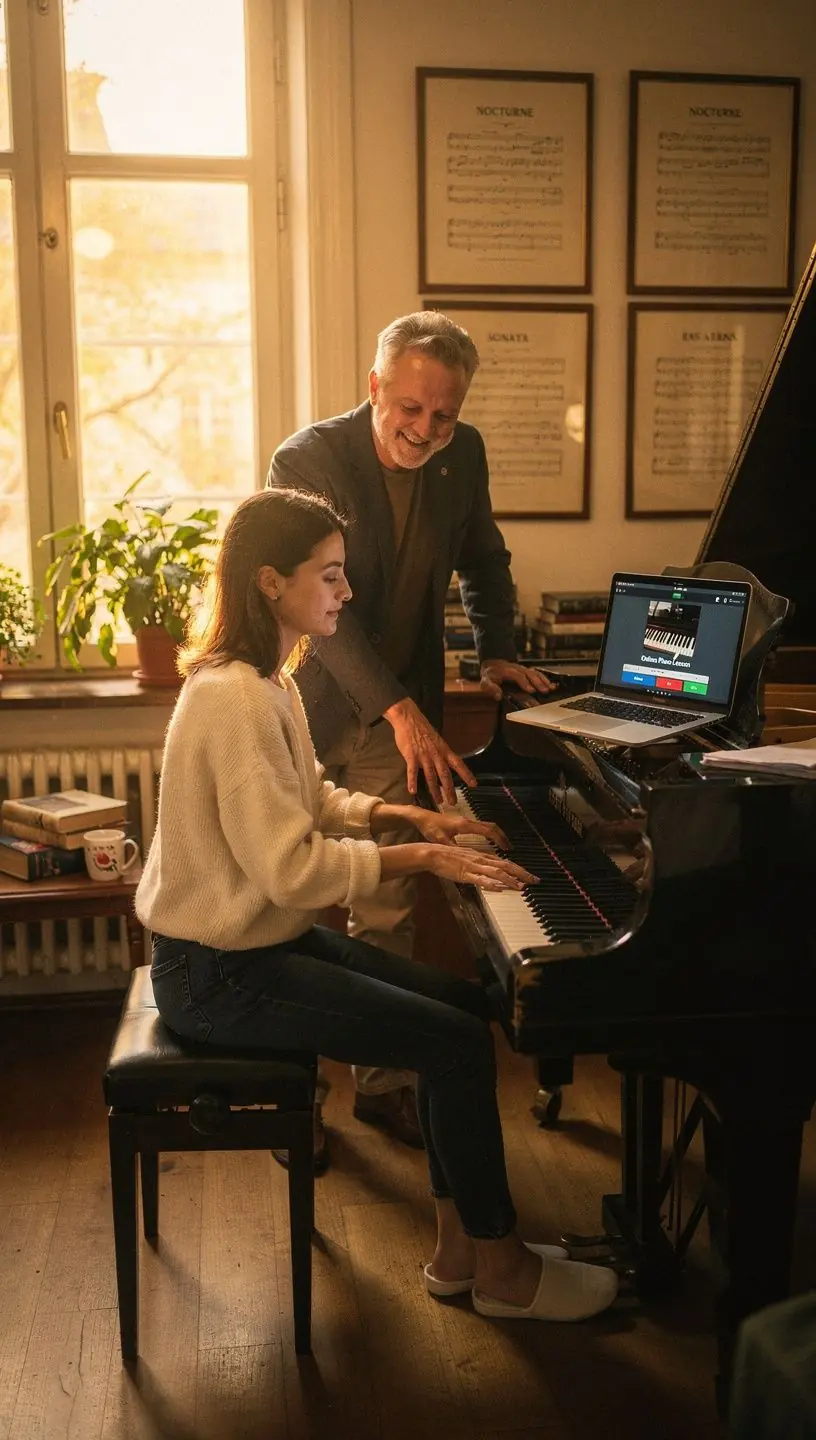 Online zongoraóra, ahol a diákok klasszikus zenei alapokat tanulnak.